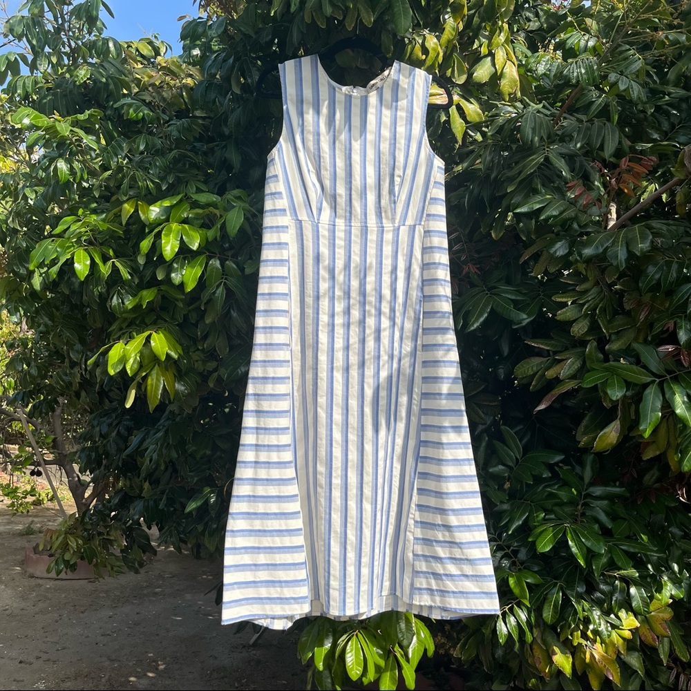 Caron Callahan ivory blue striped cotton linen elastane blend sleeveless midi
